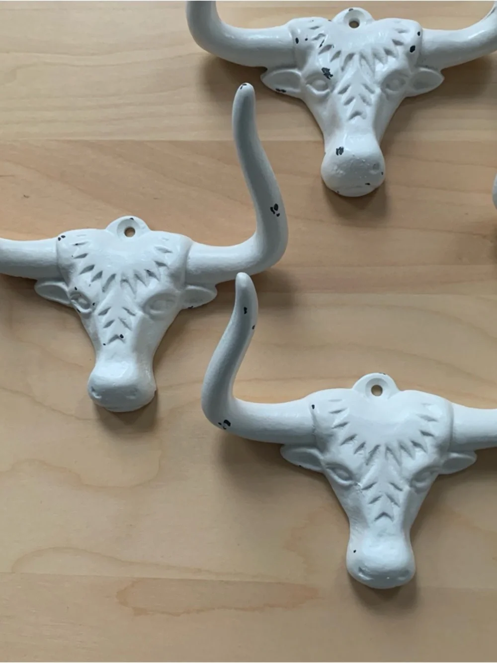 Set of 4 Distressed White Longhorn Bull Head Cow Wall Hooks